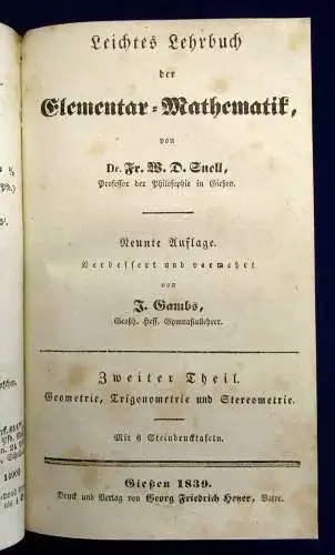 Gambs Leichtes Lehrbuch der Elementar-Mathematik 1839 Studium Wissen Technik mb
