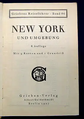 Grieben Reiseführer Bd 86 New-York und Umgebung 1927  Guide Führer Reiseführer m