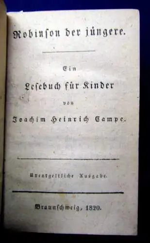 Campe Robinson der Jüngere Ein Lesebuch für Kinder 2 Teile in 1 Buch 1819/1820 j