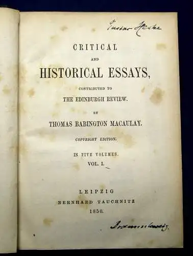 Macaulay Critical and Historical Essays 1850 5 Bände komplett mb