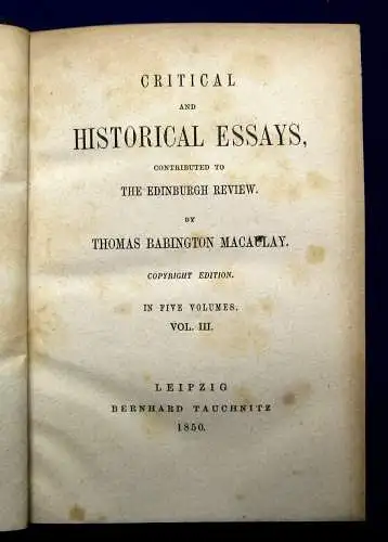 Macaulay Critical and Historical Essays 1850 5 Bände komplett mb