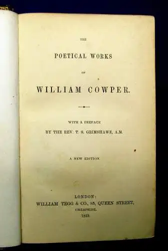 Cowper The poetical Works 1853 Meistereinband Leder Handeinband mb