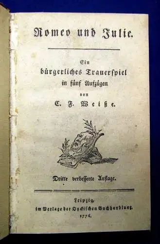 Weiße Romeo und Julia Ein Bürgerliches Trauerspiel in fünf Aufzügen 1776 selten