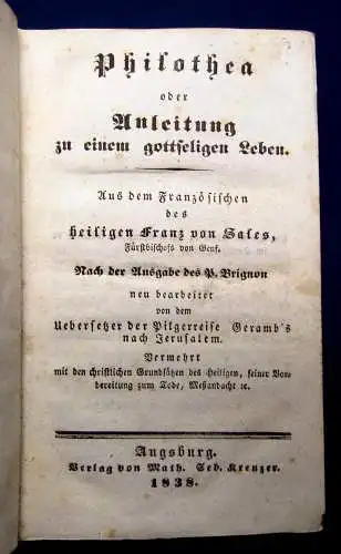 Franz von Sales Philothea oder Anleitung zu einem gottseligen Leben 1838 mb