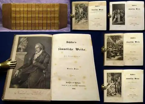 Schiller`s sämmtliche Werke 1-12 komplett 1835 dekorativer Halbleder Bildnis js