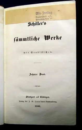 Schiller`s sämmtliche Werke 1-12 komplett 1835 dekorativer Halbleder Bildnis js