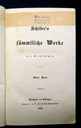 Schiller`s sämmtliche Werke 1-12 komplett 1835 dekorativer Halbleder Bildnis js