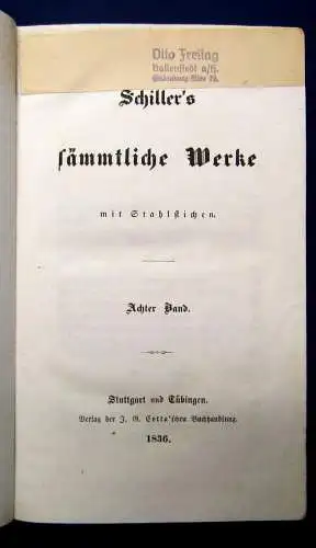 Schiller`s sämmtliche Werke 1-12 komplett 1835 dekorativer Halbleder Bildnis js