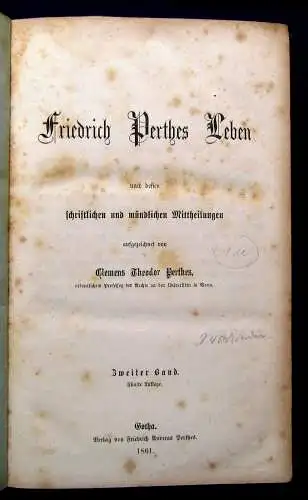 Perthes, Friedrich Perthes Leben 1861 in 3 Bänden 1 gest. Porträt von Perthes js