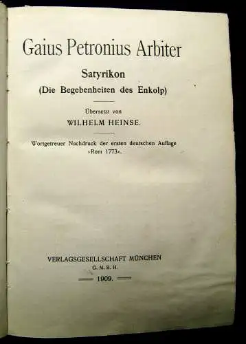 Heinse Gaius Petronius Arbiter Satyrikon 1909 Belletristik Satire mb