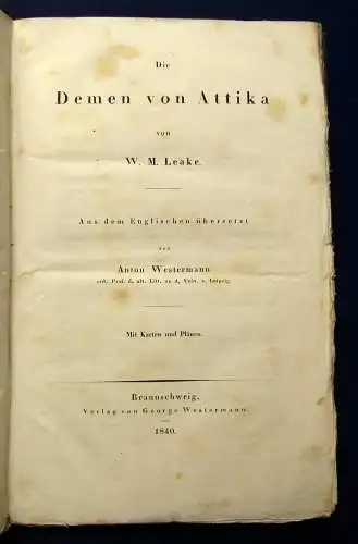 Leake die Demen von Attika Mit Karten und Plänen 1840 Westermann Verlag js