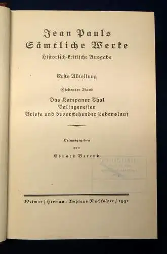 Jean Paul Sämtliche Werke Das Kampaner Thal 7.Bd. 1931 Klassiker Lyrik mb