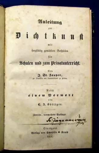 Zauper Anleitung zur Dichtkunst für Schulen u. Privatu. 1851 Selten Literatur mb