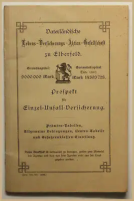 Orig Prospekt Vaterländische Lebens-Versicherungs-Aktien-Gesellschaft Elberfeld