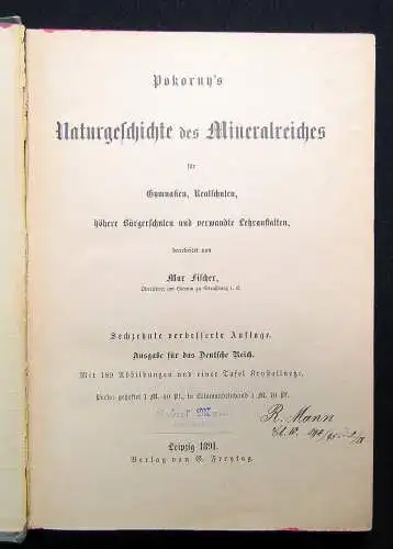 Fischer Naturgeschichte des Mineralreiches 1891 Mineralogie Naturwissenschaften