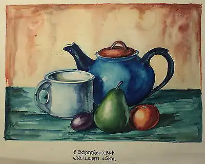 Schmirler Aquarell Stillleben Teekanne Obst 1931 Studienarbeit Kunstschule Loket