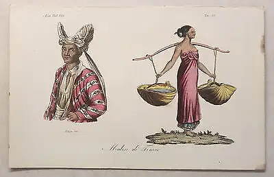 Asien Sundainsel Timor Trachten Kupferstich um 1825 Sasso handkoloriert Grafik