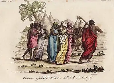Kupferstich Afrika Insel St. Louis Kostüm um 1825 Sasso handkoloriert Grafik