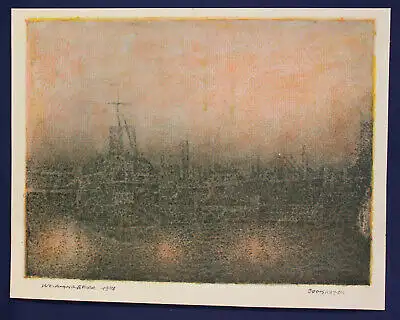 Fardradierung von Wolfgang Beier "Bootshafen" 1978 Malerei Kunst Zeichnung sf