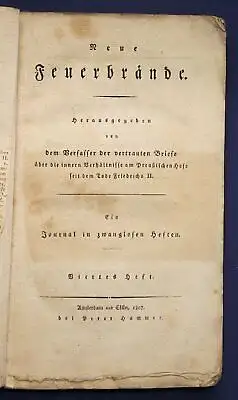 Neue Feuerbrände 4. Heft 1807 Geschichte Gesellschaft Preußen Adel  sf