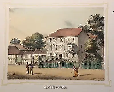 kolorierte Lithografie Schönberg Poenicke Schlösser Rittergüter um 1855 Sachsen