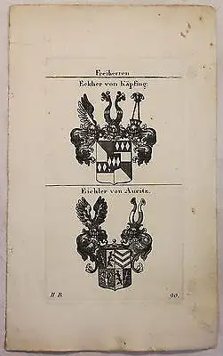 Kupferstich Wappen Familie Eckher von Käpfing & Eichler von Auritz 1825 Heraldik