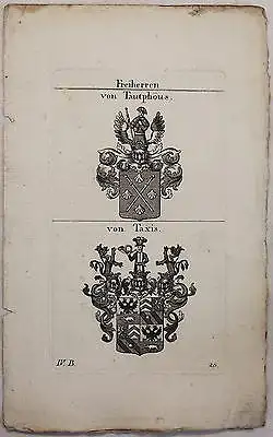 Kupferstich Wappen Familie von Tautphöus & von Taxis 1825 Heraldik Adel Bayern