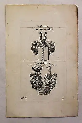 Kupferstich Wappen Familie Von Sartor & Von Schäffer 1825 Heraldik Adel Bayern