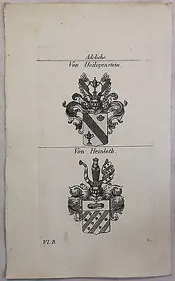 Kupferstich Wappen Familie Von Heiligenstein & Von Heinleth 1825 Heraldik Bayern