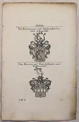 Kupferstich Wappen Familie Reisenegger Stephanskirchen Reissen auf 1825 Heraldik