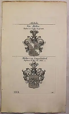 Kupferstich Wappen Familie von Müller & Müller v. Leupoldsdorf 1825 Heraldik xz