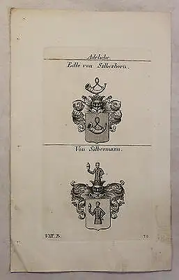 Kupferstich Wappen Familie Edle von Silberhorn & Von Silbermann 1825 Heraldik xz