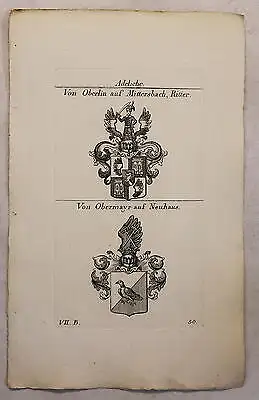 Kupferstich Wappen Familie v. Oberlin Ritter & V. Obermayr 1825 Heraldik Bayern