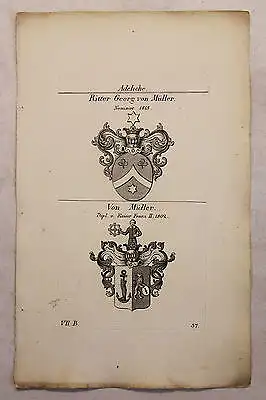 Kupferstich Wappen Familie Ritter Georg von Müller 1825 Heraldik Adel Bayern xz