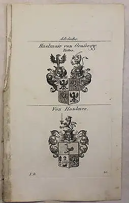 Kupferstich Wappen Familie Haslmair von Grafsegg & Von Haubner 1825 Heraldik xz