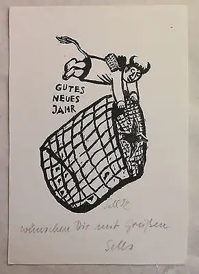 Lothar Sell Original Holzschnitt Gutes Neues Jahr Teufelchen mit Widmung 1982 xz