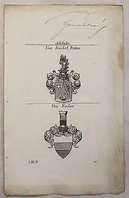 Kupferstich Wappen Familie Von Röckel Ritter & Von Röder 1825 Heraldik Adel xz