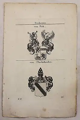Kupferstich Wappen Familie von Fick & von Flachslanden 1825 Heraldik Adel Bayern