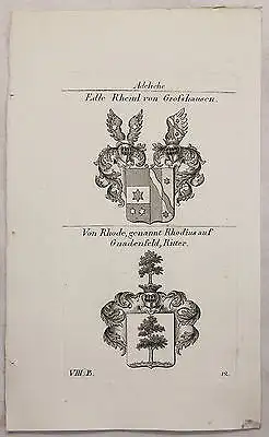 Kupferstich Wappen Familie Edle Rheinl & Von Rhode Rhodius 1825 Heraldik Bayern