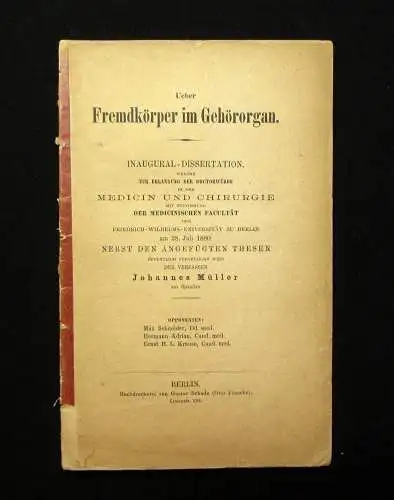 Müller Über Fremdkörper im Gehörorgan um 1880 Medizin Chirurgie Wissen mb