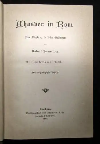 Hamerling Ahasver in Rom 1892 Eine Dichtung in sechs Gesängen Mit einem Epilog