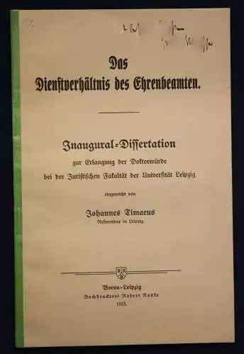 Timaeus Das Dienstverhältnis des Ehrenbeamten 1913 Recht Wissen Studium sf