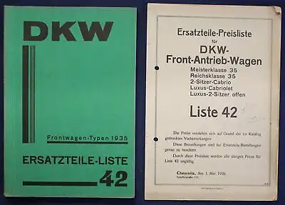 Original Prospekt für DKW Ersatzteile - Liste 42 Frontwagen Typen 1935 sf