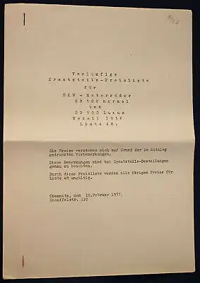 Original Prospekt Vorläufige Ersatzteile - Preisliste DKW Motorräder 1936 sf