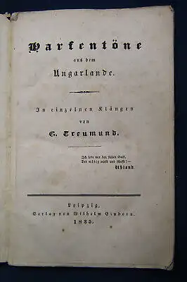 Treumund Harfentöne aus dem Ungarlande 1835 Erstausgabe Kultur Geschichte sf