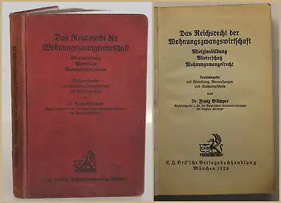 Stümper Das Reichsrecht der Wohnungszwangswirtschaft 1926 Rechtwissenschaft sf