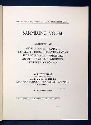 Sammlung Vogel Abteilung VII 1927 Versteigerung im Auftrag des Erben Wissen js