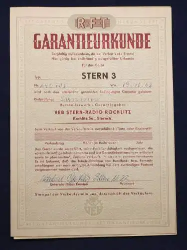 Orig. Garantieurkunde + Bedienungsanweisung "Stern 3" 1962 Radio Rochlitz sf
