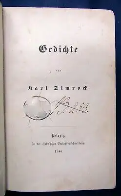 Simrock Karl Gedichte 1844 Bibliotheksexemplar Weltliteratur Lyrik Literatur js