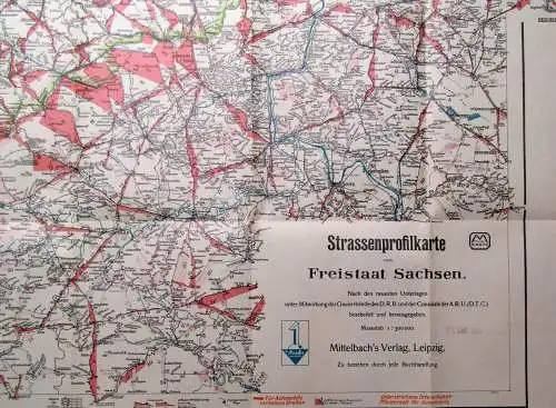 Mittelbachs Karten Strassenprofilkarte Freistaat Sachsen Aotomobilisten 1925